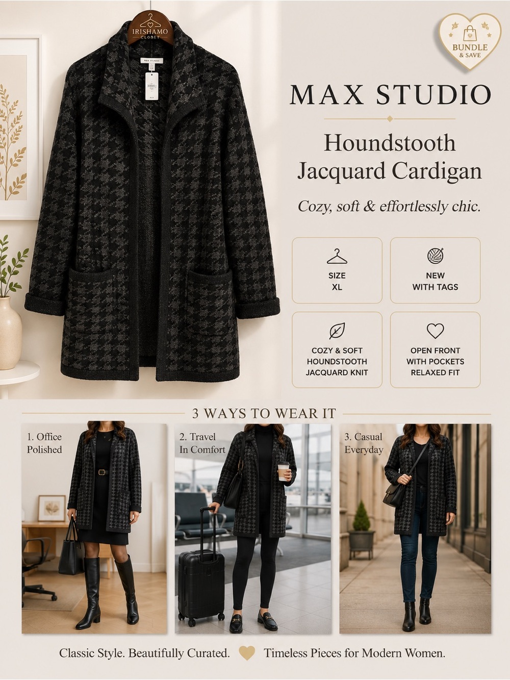 NWT Max Studio Black and Gray Houndstooth Jacquard Open Front Cardigan - Size XL